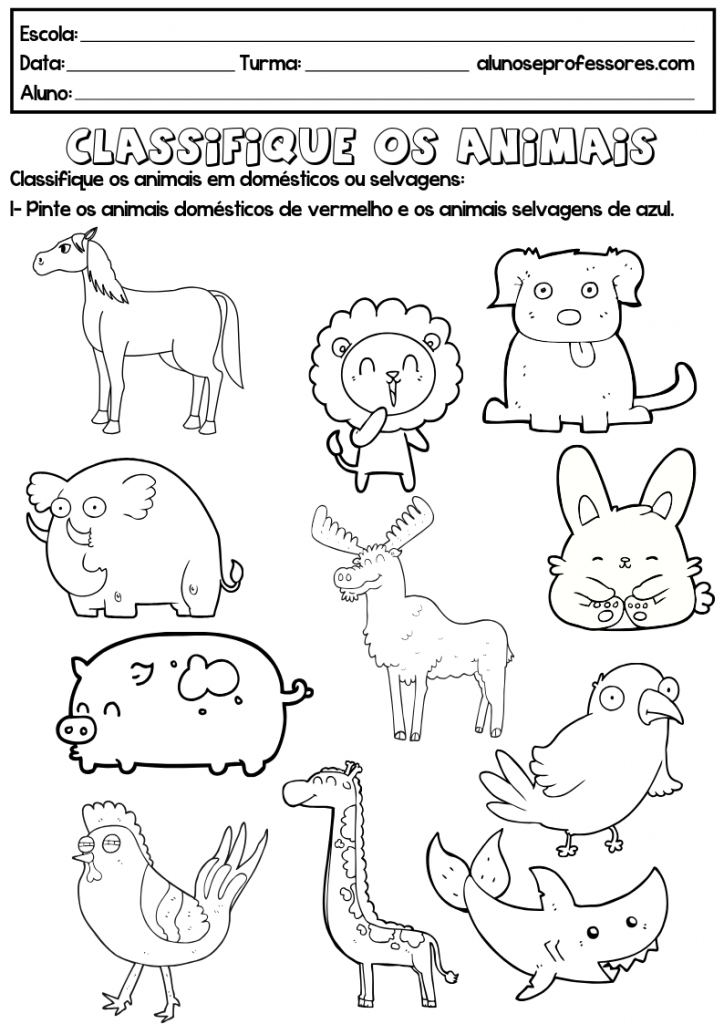Atividades sobre Animais - Classifique os animais (doméstico ou selvagem)