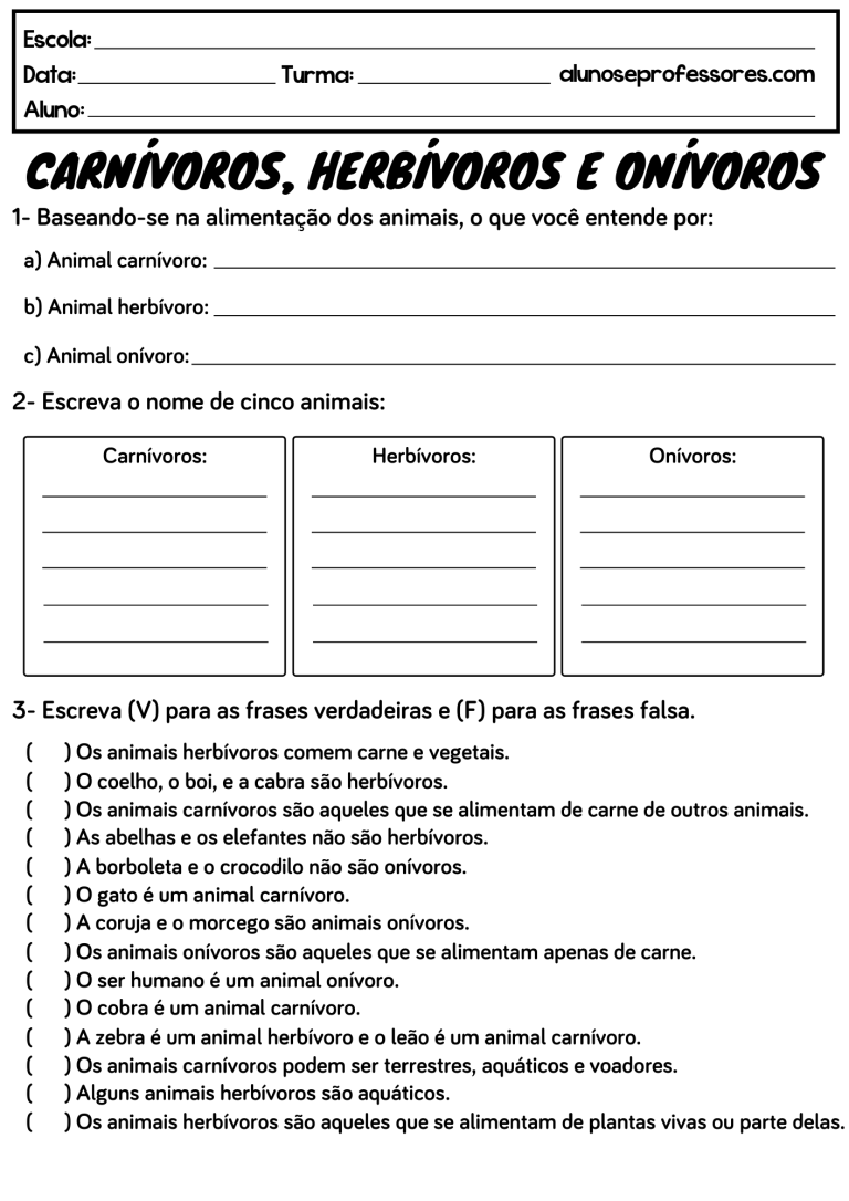 Atividades sobre Animais Carnívoros, Herbívoros e Onívoros | Alunos e ...