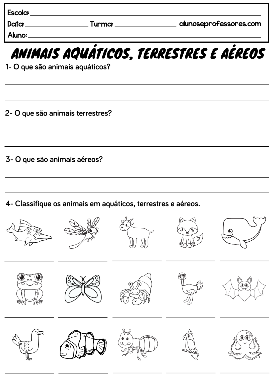 Atividades sobre Animais Terrestres, Aquáticos e Aéreos | Alunos e ...
