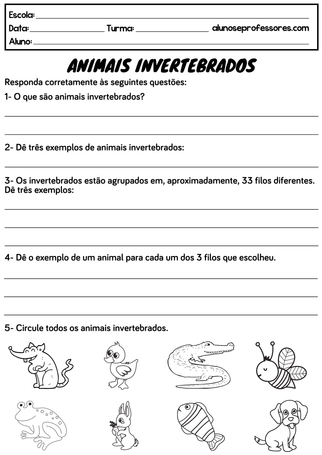Atividades sobre Animais Vertebrados e Invertebrados | Alunos e Professores