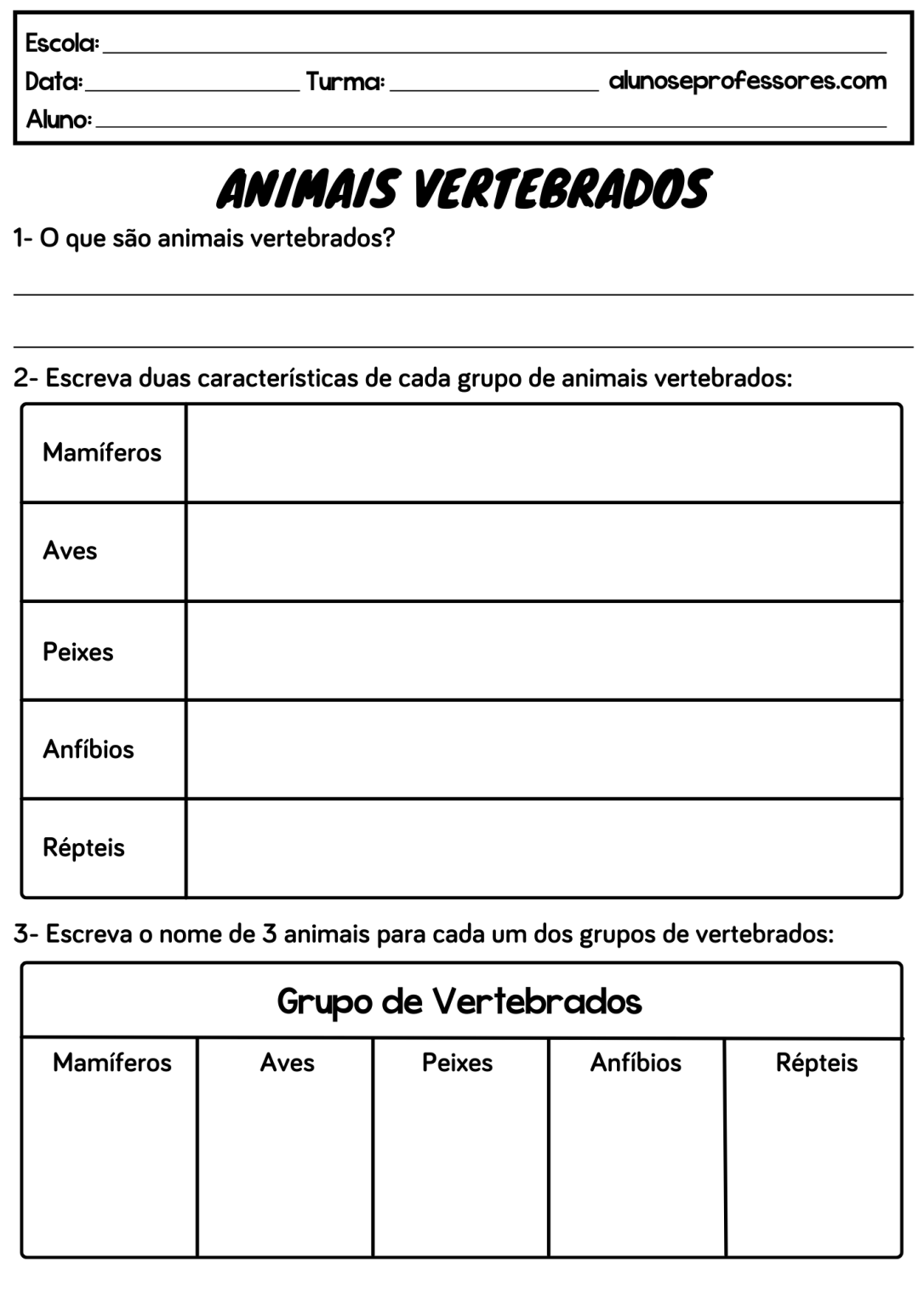 Atividades sobre Animais Vertebrados e Invertebrados | Alunos e Professores