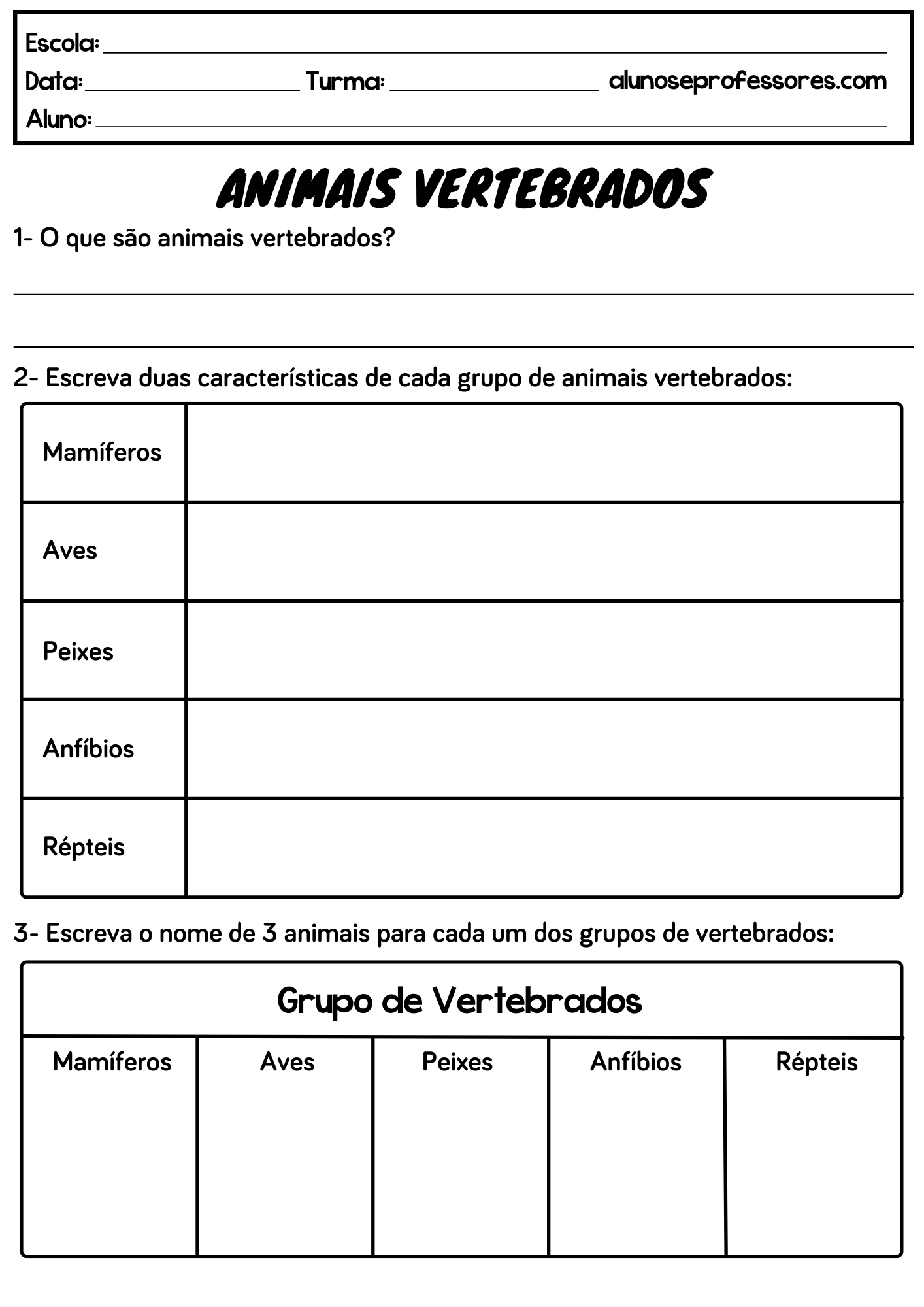 Atividades sobre Animais Vertebrados e Invertebrados | Alunos e Professores