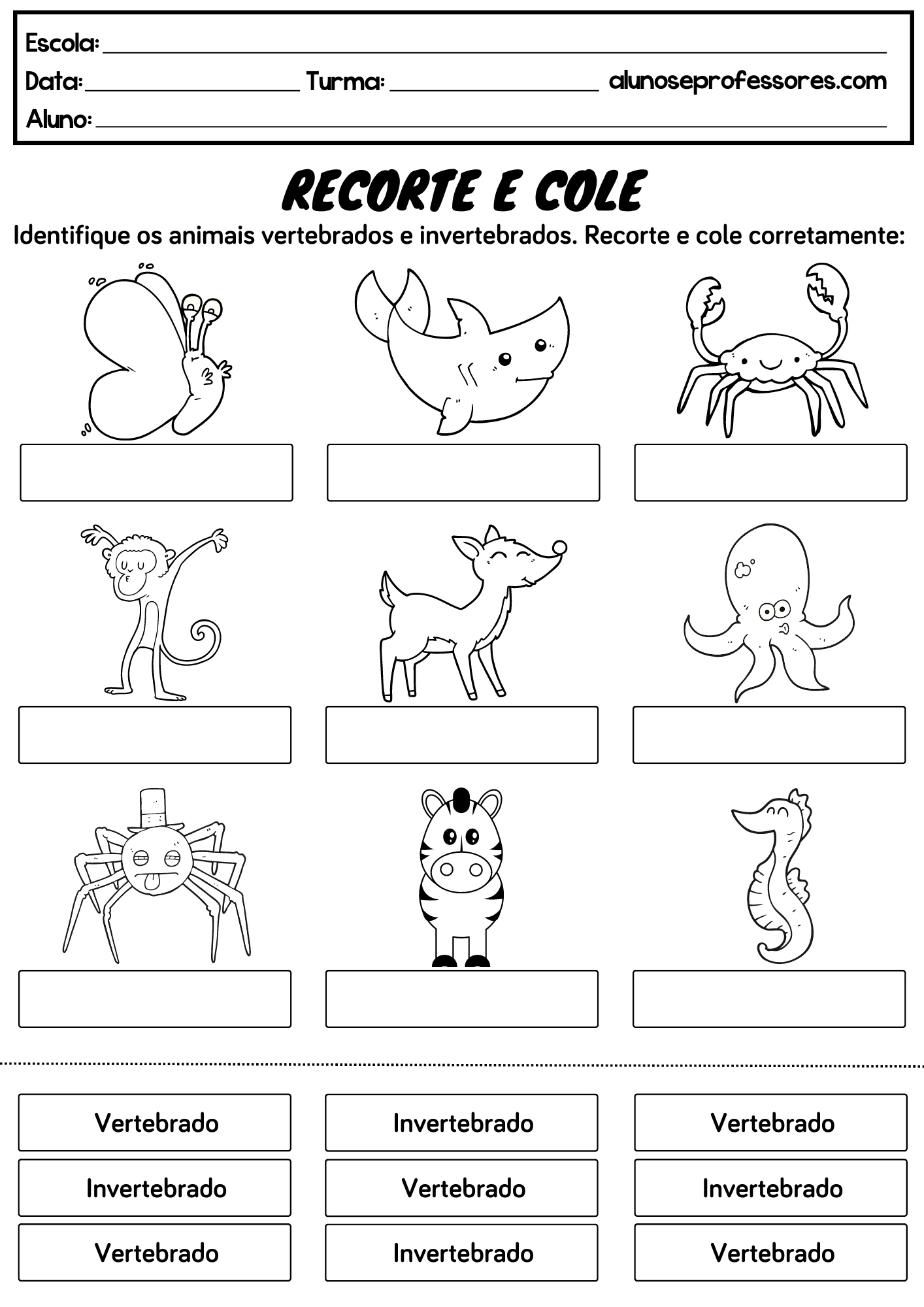 Atividades sobre Animais Vertebrados e Invertebrados | Alunos e Professores
