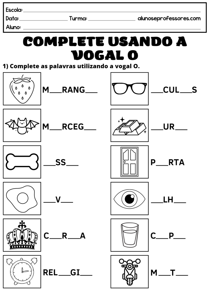 Atividade de completar as palavras com a letra O.