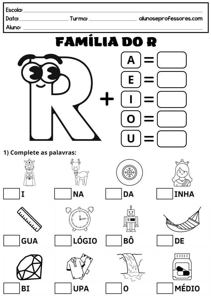 Atividade R no meio da sílaba  Atividades com a letra r, Atividades de  alfabetização, Atividades letra e