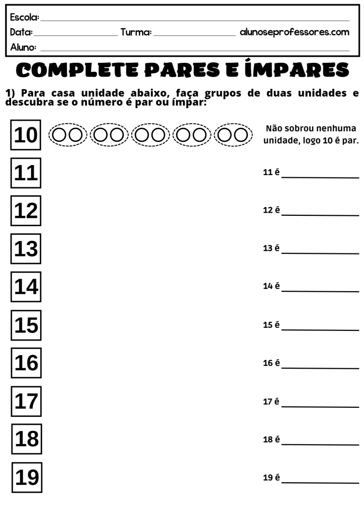 Números pares e ímpares imprimível 3ª série planilhas