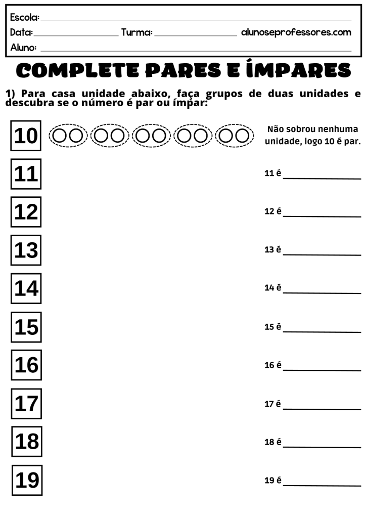 Atividades números Pares e Ímpares - Complete