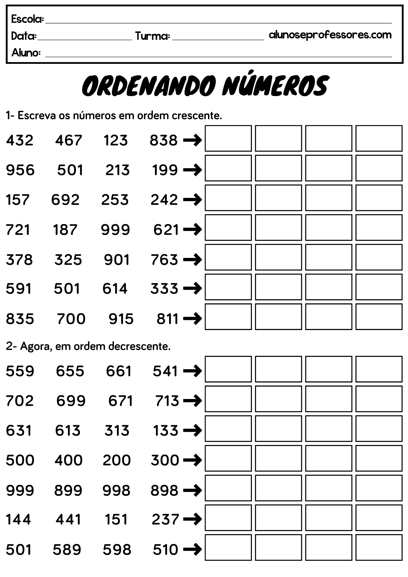 Atividades sobre Ordem Crescente e Decrescente para imprimir | Alunos e ...
