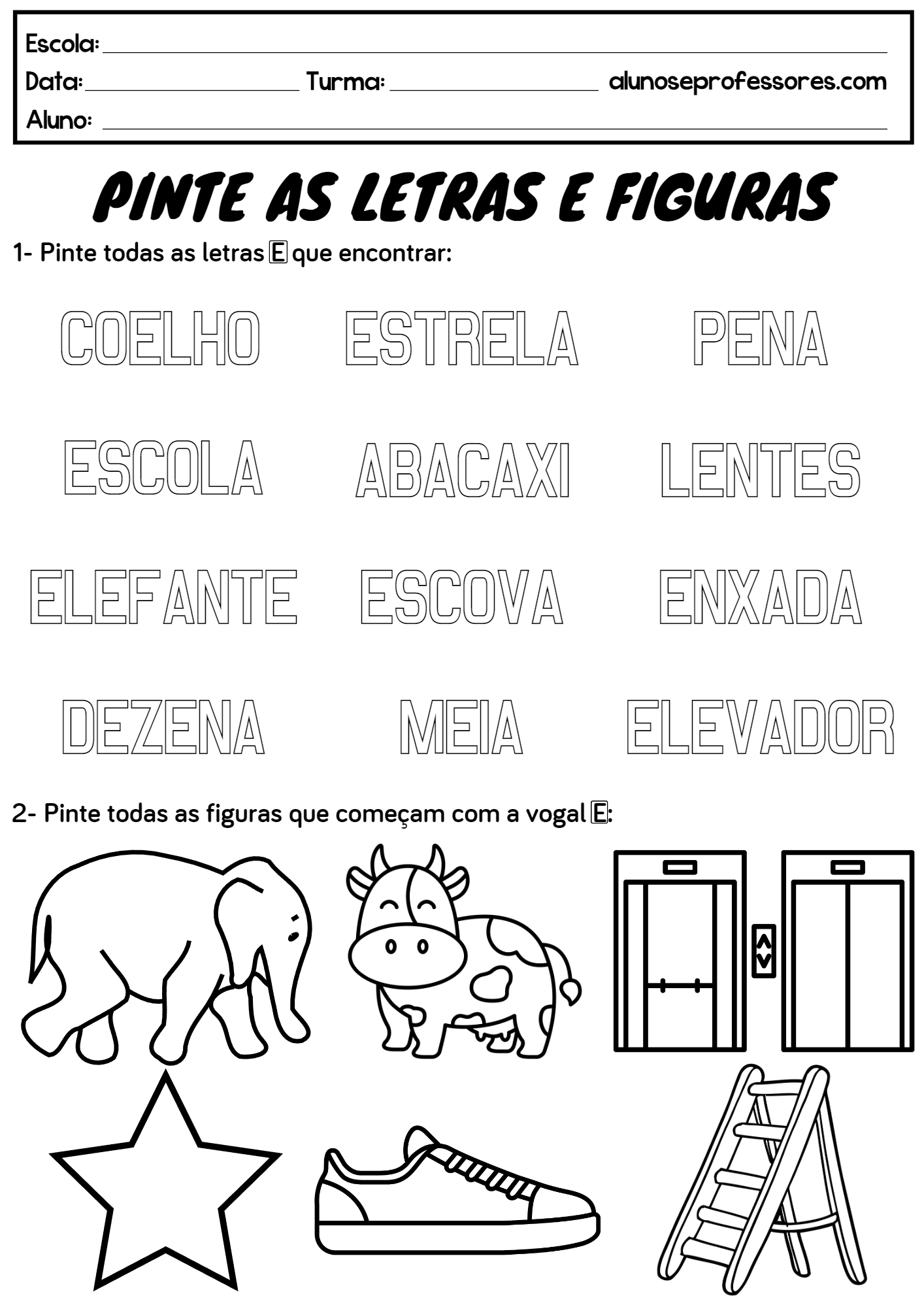 Atividades com a Letra E para imprimir | Alunos e Professores