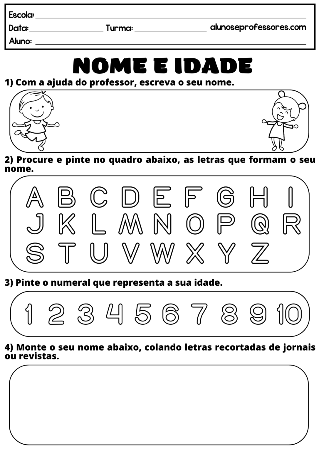 Atividades com o Nome para imprimir | Alunos e Professores