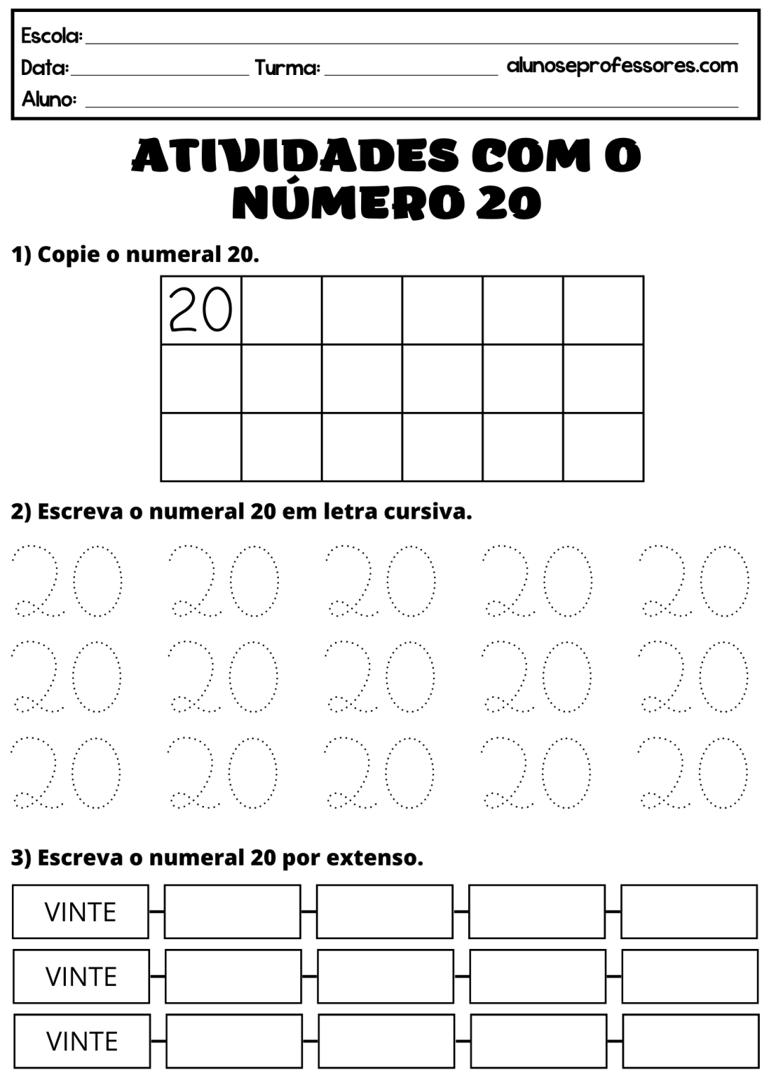 Atividades com o Número 20 para imprimir | Alunos e Professores