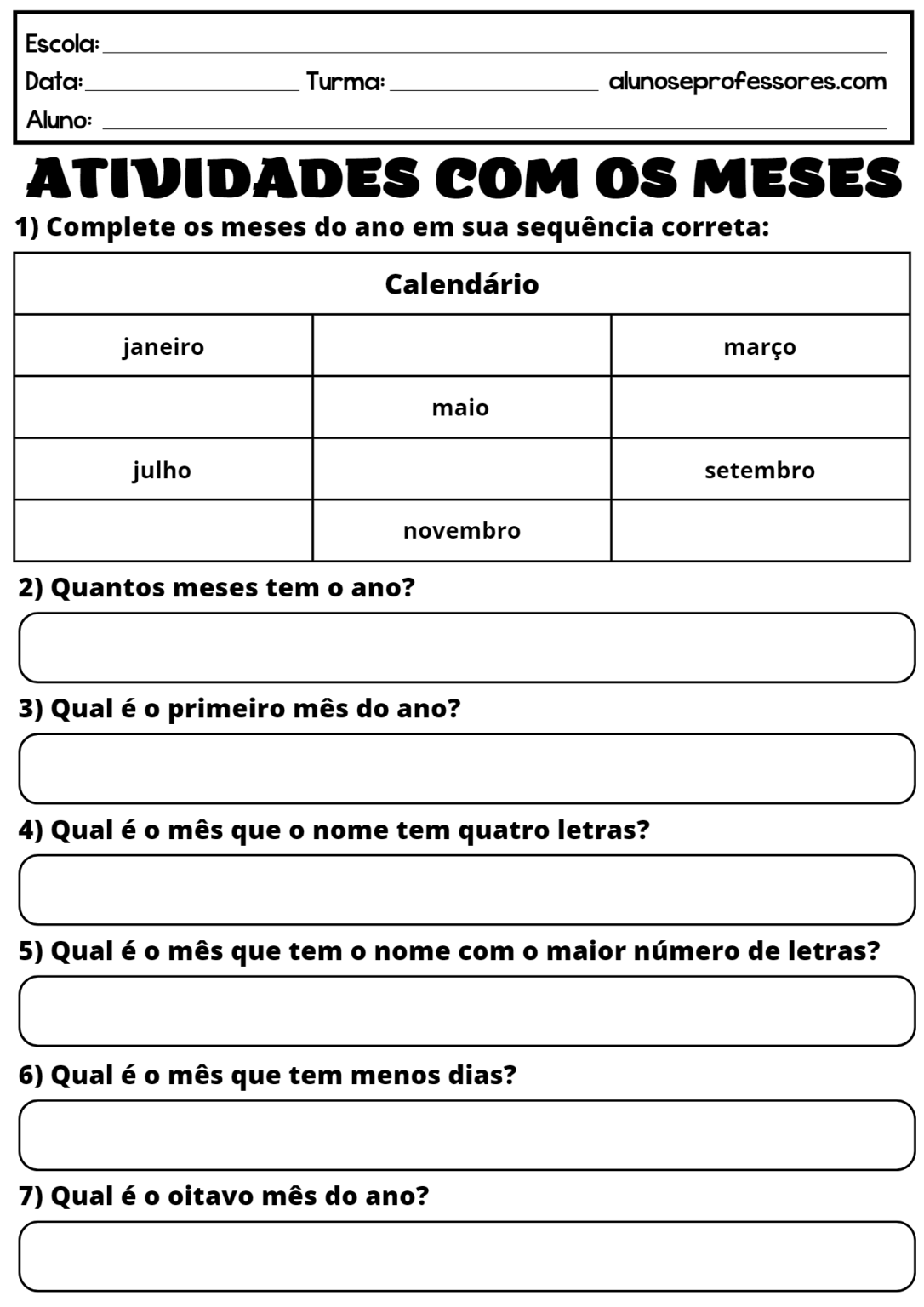 Atividades sobre os Meses do Ano para imprimir | Alunos e Professores